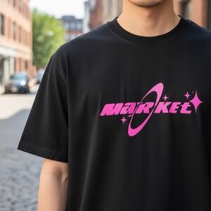 Market T-Shirt Mens Small Black Pink Orbit Logo Graphic Y2K Streetwear Cotton